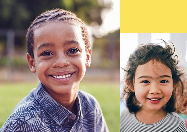 A photo of a young boy smiling on the left and a photo of a girl smiling on the right